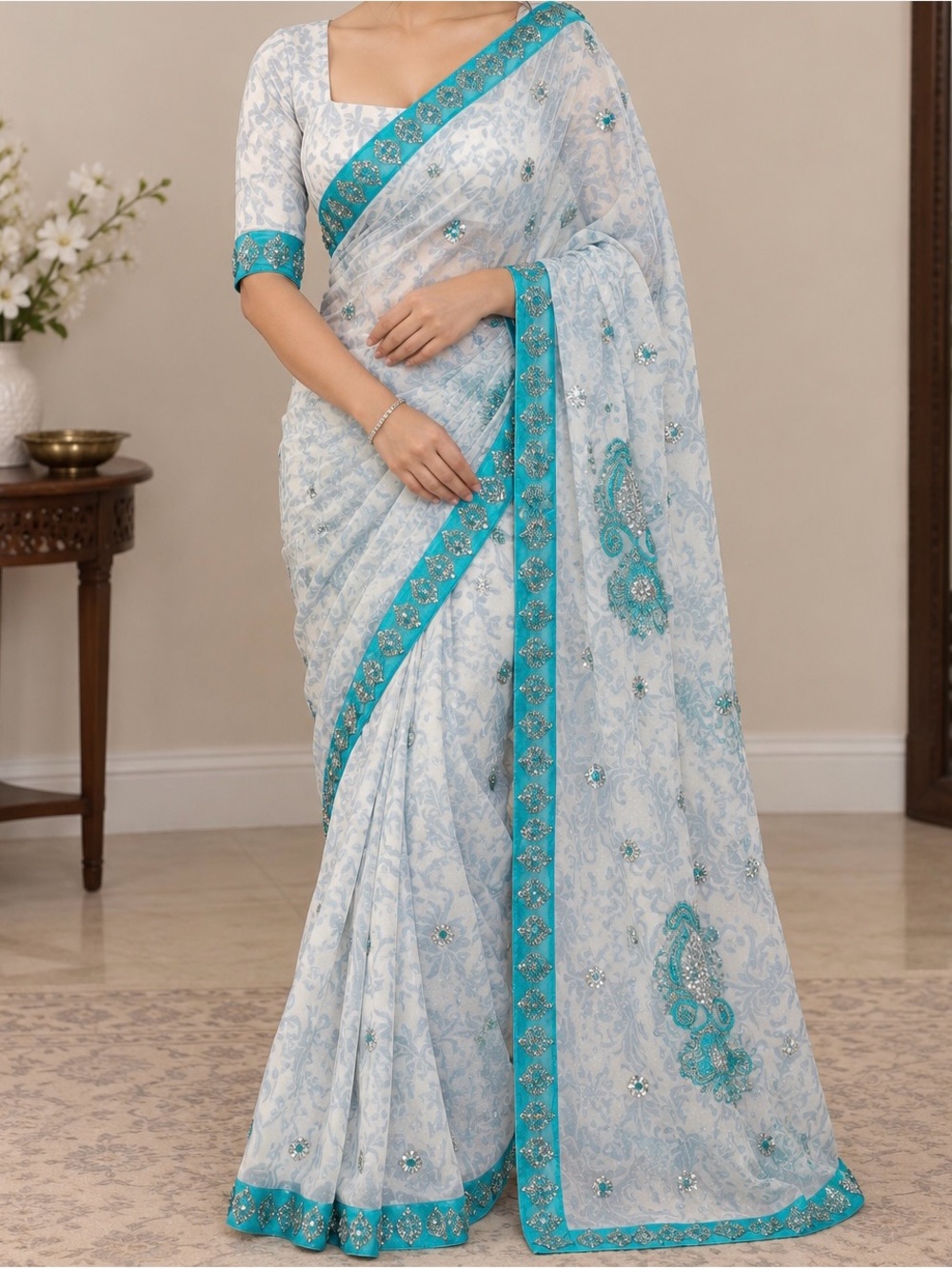 White Saree with Teal Embellished Border - Brand Unspecified